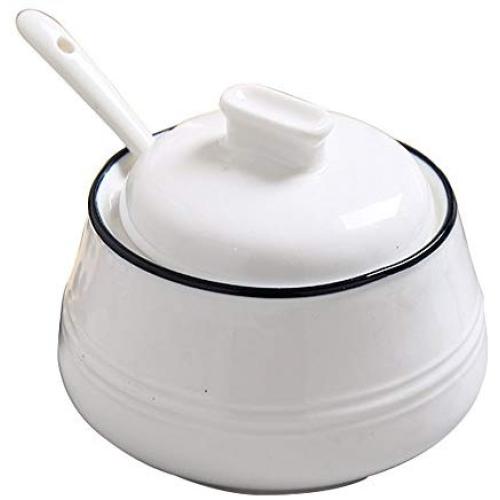 Navy Style Blue Line Sugar Bowl Salt Spice Pot Pepper Storage Jar Seasoning Pot Container Condiment Box with Lid and Spoon,10 Oz, White