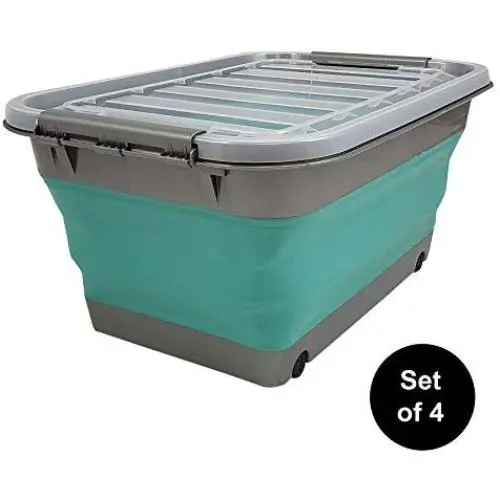 Homz Store N Stow(TM) 17 Gallon Quetschebehälter mit Rädern, Grau und Türkis-Basis mit Klarsichtdeckel, Klappbarer Lagerkasten, (Set von 4)