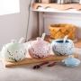 Set of 3 Flower Embossed Ceramic Food Storage Porcelain Condiment Container Spice Jar with Lids Ceramic Serving Spoon and Wooden Tray