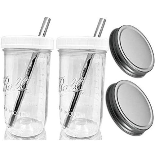 Jarming Collections Reusable Boba Bubble Smoothie Cup Wide Mouth Glass Mason Jars with STAINLESS STEEL Boba Tea/Travel Smoothie Cup with Straw-BPA Free Drinking Lids and Silver Leak Proof Storage Caps