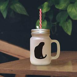 Green Domestic Shorthair Cat Silhouette #4 Frosted Glass Mason Jar With Straw