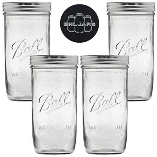 Ball Mason Jars Wide Mouth 24 oz Bundle with Non Slip Jar Opener- Set of 4 Mason Jars - Canning Glass Jars with Lids and Bands