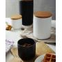 Pure Color Ceramic Sugar Bowl with Wooden Lid Sugar Dispenser Salt Pepper Storage Jar Pot Sugar Container Seasoning Pot Box Condiment Spice Racks Holder for Home Kitchen, Black