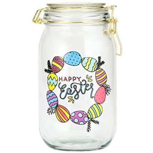 Amici Home 7CN211R Easter Egg Hermetic Glass Canister Storage Jar 50 Fluid Ounces Clear with Multicolored Decal