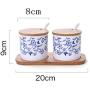 Ceramics Blue and White China Flower Sugar Salt Pepper Storage Jar/Oil Can with Lid And Spoon Base Tray