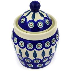 Polish Pottery 5?-inch Jar with Lid (Peacock Leaves Theme) + Certificate of Authenticity