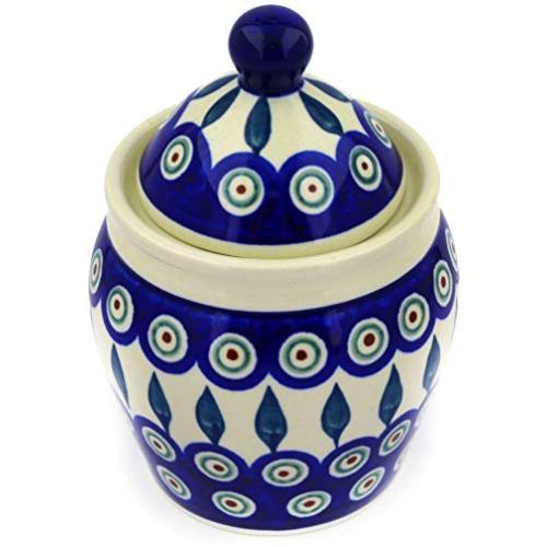 Polish Pottery 5?-inch Jar with Lid (Peacock Leaves Theme) + Certificate of Authenticity