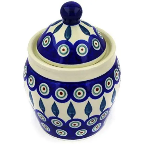 Polish Pottery 5?-inch Jar with Lid (Peacock Leaves Theme) + Certificate of Authenticity Polish Pottery 5?-inch Jar with Lid (Peacock Leaves Theme) + Certificate of Authenticity