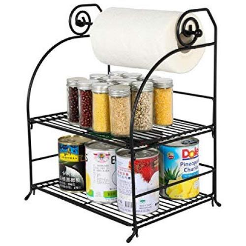 TQVAI 2 Tier Can Rack Spice Jar Storage Organizer with Kitchen Roll Holder, Black