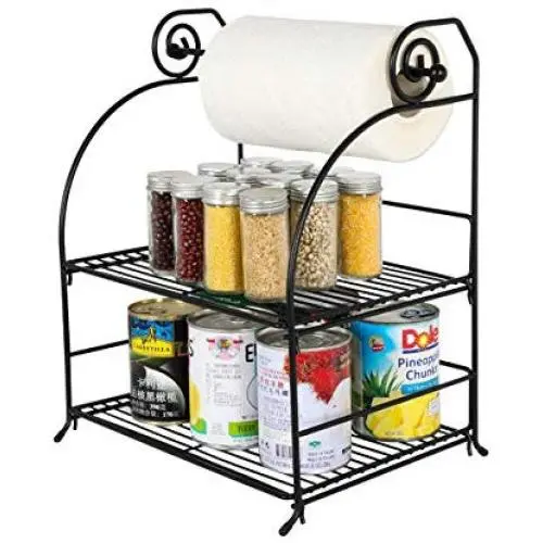 TQVAI 2 Tier Can Rack Spice Jar Storage Organizer with Kitchen Roll Holder, Black TQVAI 2 Tier Can Rack Spice Jar Storage Organizer with Kitchen Roll Holder, Black