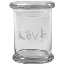 Clear 8 oz Glass Herb Stash Jar and Lid with LOVE Logo from Smoke Promos