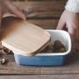 Kitchen Food Storage Jar Airtight Food Storage Butter Dish Multifunction Crisper Ice Cream Container Enamel Wooden Cover 2 Colours (Send Plastic Cover),Gray (Color : Blue)