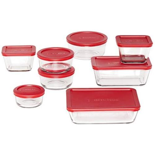 Anchor Hocking Classic Glass Food Storage Containers with Lids, Red, 16-Piece Set