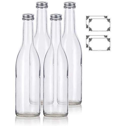 12 oz Clear Glass Vintage Bottle with Silver Aluminum Cap (4 pack) + Labels for Sauce, Dressings, Syrup, and Marinades