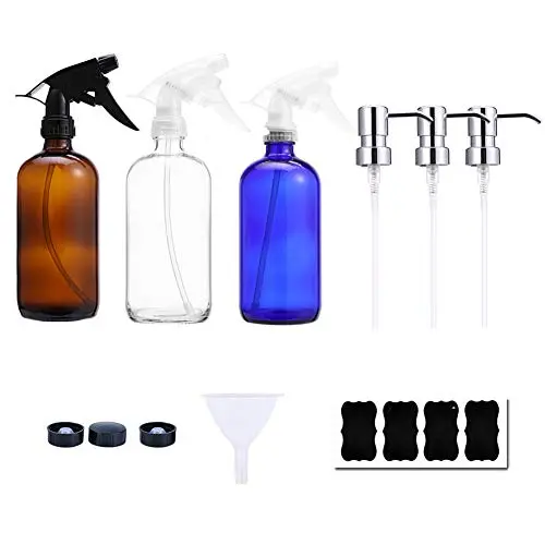 Empty Glass Spray Bottles 16 oz with 3 Pump Dispensers for Essential Oils Homemade Cleaning Products Accessories 4 Labels 3 Bottles Caps 1 Funnel Empty Glass Spray Bottles 16 oz with 3 Pump Dispensers for Essential Oils Homemade Cleaning Products Accessories 4 Labels 3 Bottles Caps 1 Funnel