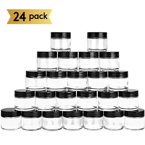 Bouteilles en verre transparentes de 2oz (60ml) - Pack de 24, avec doublures intérieures et couvercles noirs, parfaites pour stocker lotions, poudres et pommades. Bouteilles en verre transparentes de 2oz (60ml) - Pack de 24, avec doublures intérieures et couvercles noirs, parfaites pour stocker lotions, poudres et pommades.
