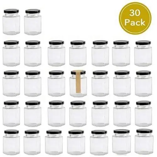 Encheng 4 oz Clear Hexagon Jars,Small Glass Jars With Lids(Black),Mason Jars For Herb,Foods,Jams,Liquid,Spice Jars Canning Jars For Storage 30 Pack