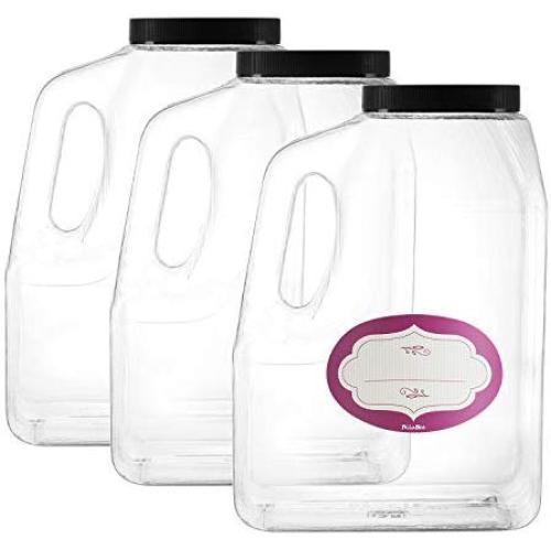 3 Pack - Clear Square Plastic Empty Storage Containers - Jars w/Plastic Airtight Lids - Empty Jugs with Handles - Wide Mouth Easy Clean - Great For Commercial & Industrial Use (3 Pack Half Gallon)