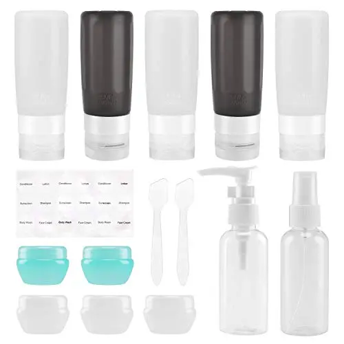 Bouteilles de voyage Beveetio 15 pièces, contenants réutilisables en silicone 2,9 oz, sans BPA, pour cosmétiques, shampooing, crème, après-shampoing, savon (noir et blanc)
