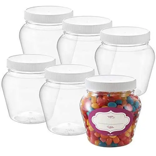 Pack of 6 - Round Clear Plastic Jars - Empty Plastic Storage containers with Lids - Plastic Jar with Air Tight Lids ? Candy Jars ? Spice Jars - Food Grade BPA Free Small Jars- (24 Oz)