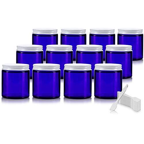 Cobalt Blue Thick Glass Straight Sided Jar with White Metal Airtight Lid - 4 oz / 120 ml (12 pack) + Spatulas