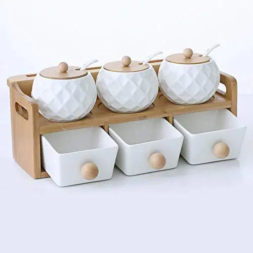 Kitchen seasoning box/Ceramic Condiment Storage Container with Tray Combination Salt jar Spice Jars Box (Color : D)