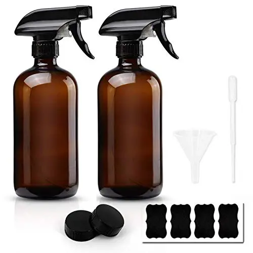 Glasprayflaschen, leer, 473 ml (16 oz) Boston-Form, Auffüllbarer Behälter für ätherische Öle mit Funnellabeln für Reinigungsmittel, Aromatherapie-Lotionen, Flüssigseifen (Braun-Schwarz)