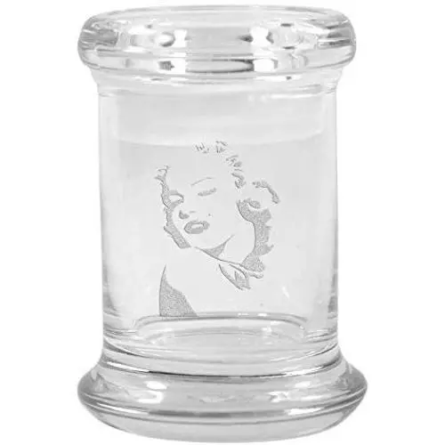 Clear Glass Herb Stash Jar and Lid 2.75 oz Marilyn Monroe Logo from Smoke Promos