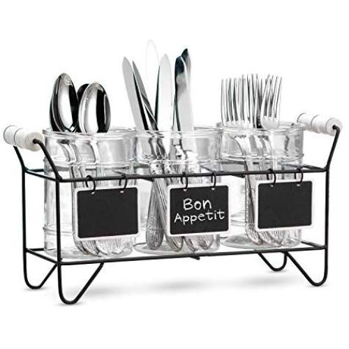 Glass Kitchen Utensil Holder Set - 3 Clear Silverware Jars In Black Metal Caddy With handles and Chalkboard Tags - Organization and Storage Flatware & Cutlery Serving Set Ideal For Kitchen Countertop,