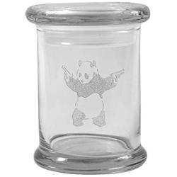 Clear 8 oz Glass Herb Stash Jar and Lid with Panda With Pistols Logo from Smoke Promos