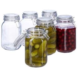 Relaxdays Set of 6 Food Storage Glass Jars, 1.5 L, Transparent, Clip Lock, Airtight, Rubber Band Canisters, Standard