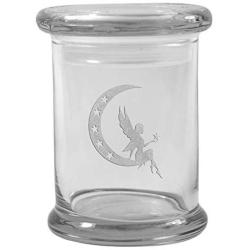 Clear 8 oz Glass Herb Stash Jar and Lid with Fairy & Moon Logo from Smoke Promos