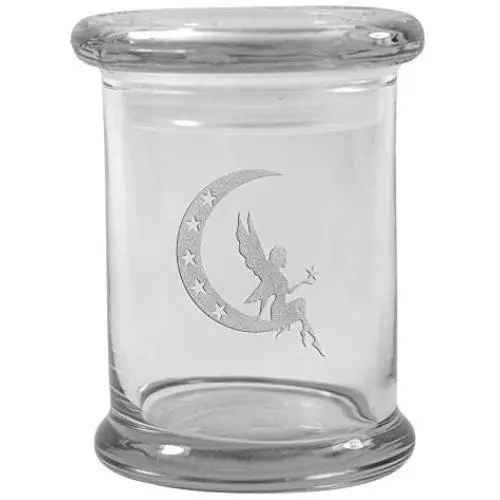 Clear 8 oz Glass Herb Stash Jar and Lid with Fairy & Moon Logo from Smoke Promos