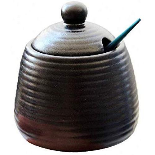 Japanese Vintage Matte Pure Black Ceramic Sugar Bowl Sugar Dispenser Salt Pot Pepper Storage Jar Seasoning Pot Container Condiment Box with Lid and Spoon, 11.2 Oz