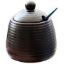 Japanese Vintage Matte Pure Black Ceramic Sugar Bowl Sugar Dispenser Salt Pot Pepper Storage Jar Seasoning Pot Container Condiment Box with Lid and Spoon, 11.2 Oz