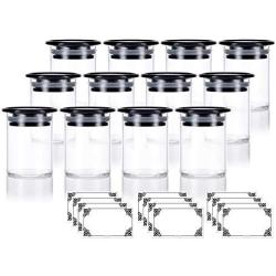 2 oz Premium Borosilicate Clear Glass Jars with Black Plastic Silicone Sealed Lid (12 Pack) + Labels