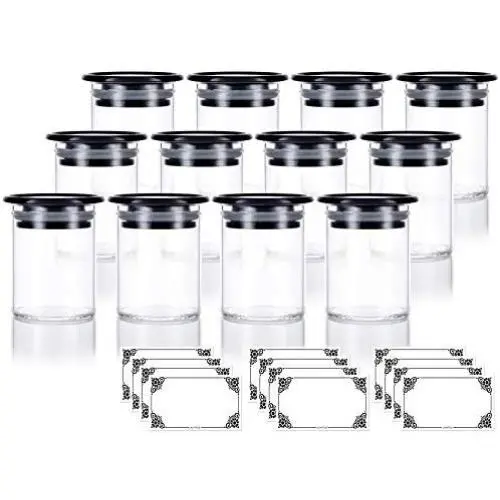 Bouteilles en verre borosilicate clair premium de 2 oz avec couvercle en silicone noir (12 packs) + Étiquettes Bouteilles en verre borosilicate clair premium de 2 oz avec couvercle en silicone noir (12 packs) + Étiquettes