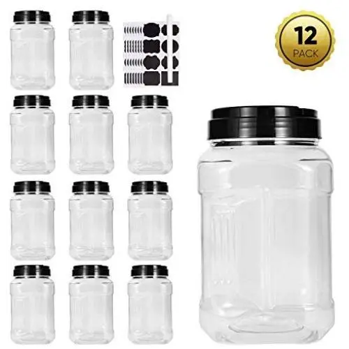 40oz Plastic Jars With Lids, Accguan Airtight Container for Food Storage, Clear Square Jars Ideal For Kitchen & Household Storage Of Dry Goods, Peanut Butter, Set of 12