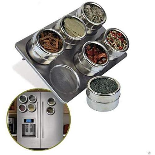 CSPFAIRY Stainless Steel Magnetic Spice Box Kitchen Spice Jars Seal Magnet Jar Seasoning Refrigerator Box Multifunction 6 Pcs/Set