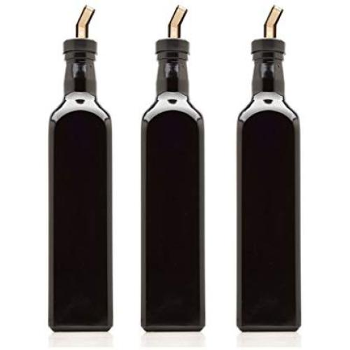 Infinity Jars 500 Ml (17 fl oz) Black Ultraviolet Square Glass Oil Bottle with Plastic Pour Spout 3-Pack