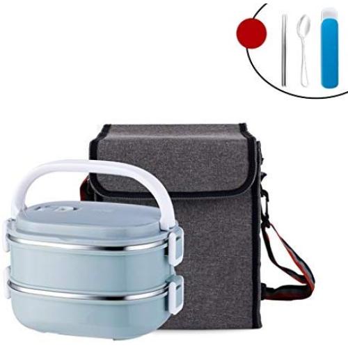 Thermos Food Jar Multi-storey Thermos 304 Stainless Food Flask,Leak Proof Insulated Food Containers,Portable Insulated Bag,Tableware (Color : Light Blue, Size : 1800ML)