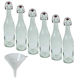 Viva Haushaltswaren - 6 Glass Bottles 750 ml with Swing Stoppers for Self-Filling incl. a White Filling Funnel Diameter 12 cm