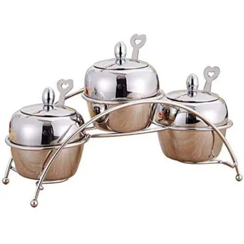 Ensemble de bocaux à épices en acier inoxydable DUDDP, contenants pour assaisonnements avec 3 bocaux, 3 cuillères à servir. Inclut une étagère à épices gain de place (Argent), fournitures de cuisine. Ensemble de bocaux à épices en acier inoxydable DUDDP, contenants pour assaisonnements avec 3 bocaux, 3 cuillères à servir. Inclut une étagère à épices gain de place (Argent), fournitures de cuisine.