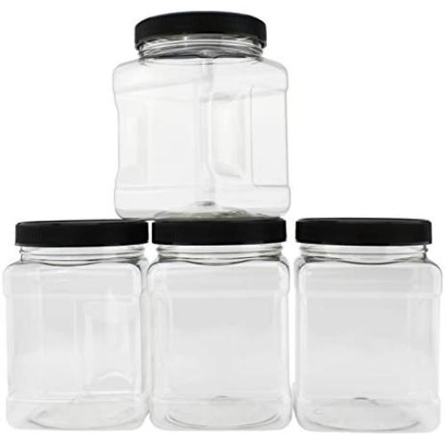 32-Ounce Square Plastic Jars (4-Pack); Clear Rectangular 4-Cup Canisters w/Black Lids, Easy-Grip Side