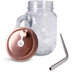 Mason Jar Mugs with Handle, Regular Mouth Colorful Lids with 2 Reusable Stainless Steel Straw, Set of 2 (Rose Gold), Kitchen GLASS 16 oz Jars,''Refreshing Ice Cold Drink'' & Dishwasher Safe