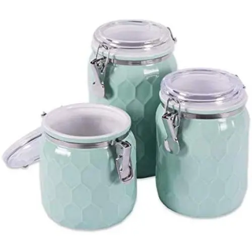 Premium 3-teiliges modernes Honigwaben-Half-Matte-Glanz-Keramik Küchenbehälter mit Belüftungsdeckel zur Lebensmittelaufbewahrung, Servieren von Kaffee, Zucker, Tee, Gewürzen und mehr – Blau
