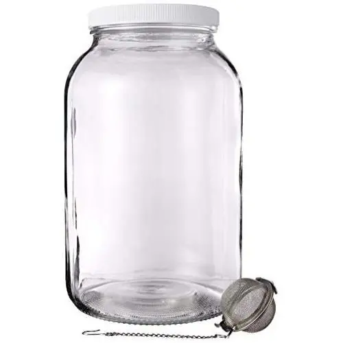 1 Gallon Mason Jar - Glass Kombucha Jar with Stainless Steel Tea Infuser - Home Brewing and Fermenting Kit with Cheesecloth Filter, Rubber Band and Plastic Lid - By Kitchentoolz