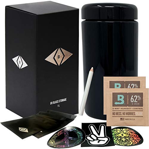 Stash Jar Smell Proof Container ? (1000 ml, 2 Oz) Premium European UV Glass Jar Airtight Discreet with 2-8g Boveda Humidity Packs, 2 Smellproof Resealable Bags, Customizable Stickers & Labeling Pencil