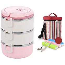 Thermos Food Jar Thermos Stainless Food Flask Leakproof Insulated Food Containers Portable Bag Multi-storey (Color : Pink, Size : 2100ml)