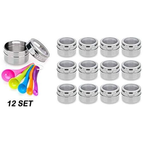 Stainless Steel Magnetic Spice Jars - Bonus Measuring Spoon Set - Airtight Kitchen Storage Containers - Stack on Fridge to Save Counter & Cupboard Space (Set of 12 PCS - Silver)